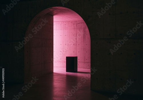 Cube in Modern Concrete Architecture with Arch Interior Design. Abstract architectural interior features a cube with archway in concrete wall creating a minimalist and modern design