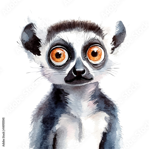 watercolor vector of Lemur With Wide Eyes, high quality, isolated on a white background.