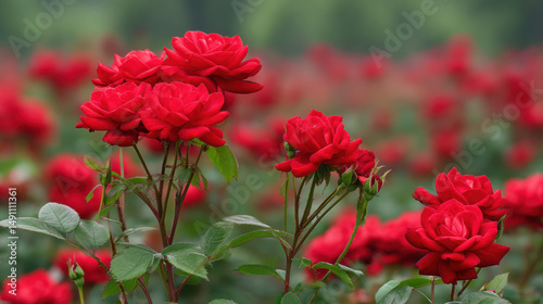 A beautiful vibrant red rose bush in full bloom with lush green leaves stands out against a blurred background of more roses in a garden setting outdoors.