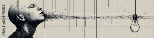 A Silent Scream for Revolution: An evocative artwork features a figure in monochrome, exhaling a stream of abstract strokes symbolizing inner turmoil and the birth of ideas. A dangling lightbulb.