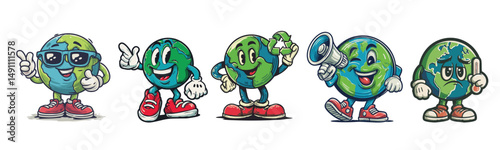 vintage retro style planet earth cartoon mascot character with expressive faces and gestures