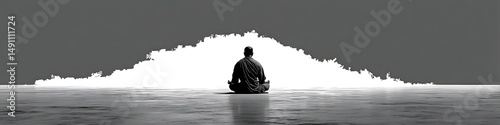 Solitary Meditation: A silhouetted figure sits in quiet contemplation, facing a radiant form, on a polished surface. An evocative image that symbolizes inner peace, self-discovery, and mindfulness.