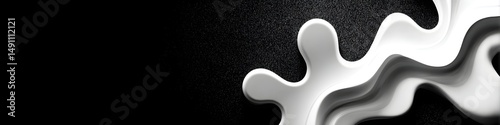 Abstract Fluid Shapes: Elegant, flowing, three-dimensional liquid white forms, gracefully undulating against a stark black backdrop, creating a captivating visual texture.