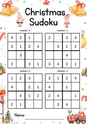 Christmas activities. Sudoku template worksheets for kids 4x4 easy ver.