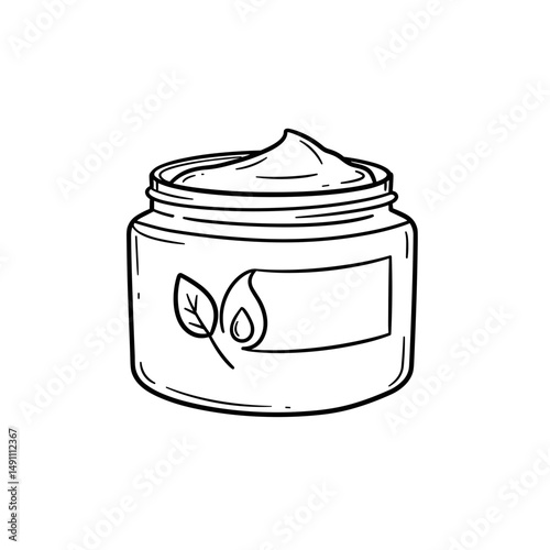 Outline of a cosmetic cream jar with leaves and blank label.    Black and white icon in minimal style on white background. Editable SVG