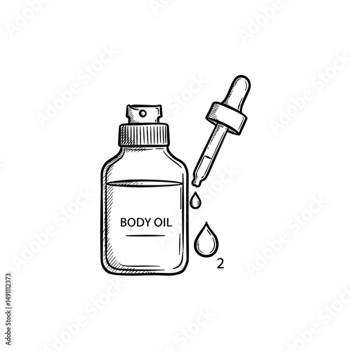 Glass bottle of body oil with dropper and oil droplets  . Black and white icon in minimal style on white background. Editable SVG