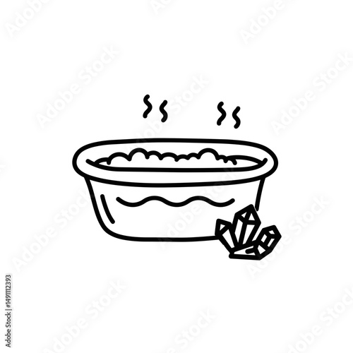 Cozy bath with steam and salt crystals. Black and white icon in minimal style on white background. Editable SVG