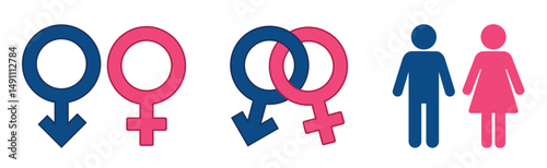Male and female gender symbols, vector icons for restroom, washroom and demographic illustration