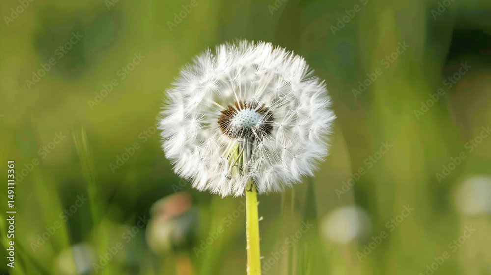 Fototapeta premium Dandelion seed head in sharp focus against grassy background.
