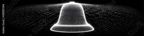 Resonance of Sound: An abstract grayscale rendering of a bell, its form defined by radiating lines of light that capture the essence of a celestial event and the vibration.