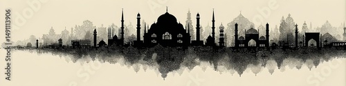  Taj Mahal Silhouette: A majestic monochrome silhouette of the Taj Mahal, an emblem of love and architectural grandeur, is reflected in calm water, creating a serene and artistic scene.