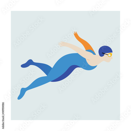Illustration of a woman swimming underwater in a blue swimsuit with orange arm highlight