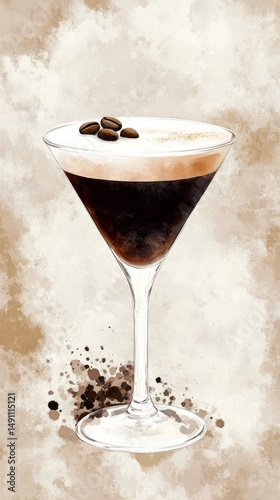 Martini Espresso alcoholic cocktail watercolor isolated painting. Art deco layered coffee drink in beautiful glass. Design for menu of a bar, restaurant, café or party invitation