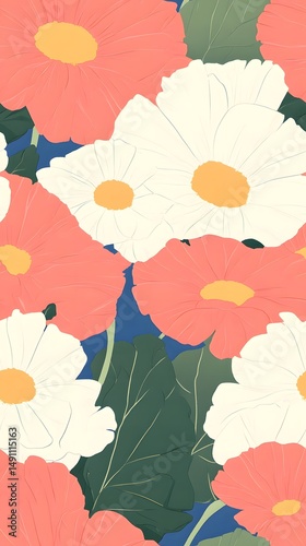 Blooming Beauty: A close-up illustration of blooming pastel pink and white flowers with vibrant yellow centers. The flowers are artfully arranged to create a visually appealing and textured pattern.