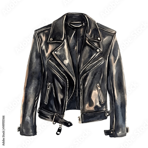 watercolor of Leather Moto Jacket With Zippers, vector high quality, isolated on a white background.
