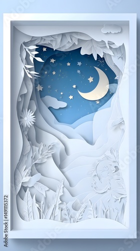 Nighttime Dreamscape in Paper Art: Delicate paper art evokes a serene moonlit night scene, where layered cutouts create a three-dimensional illusion of nature.