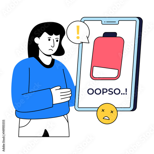 Conceptual flat design illustration of low mobile battery