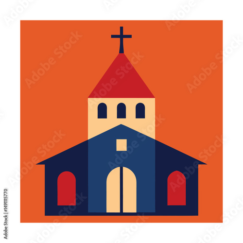 Colorful geometric illustration of a church building with a red roof and a cross