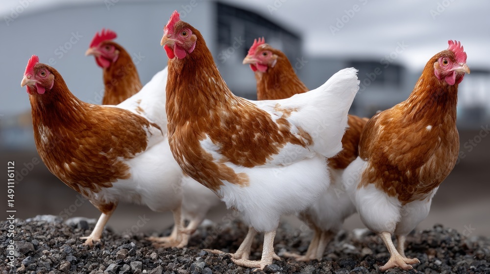 Fototapeta premium group of brown and white hens are exploring their surroundings on a farm