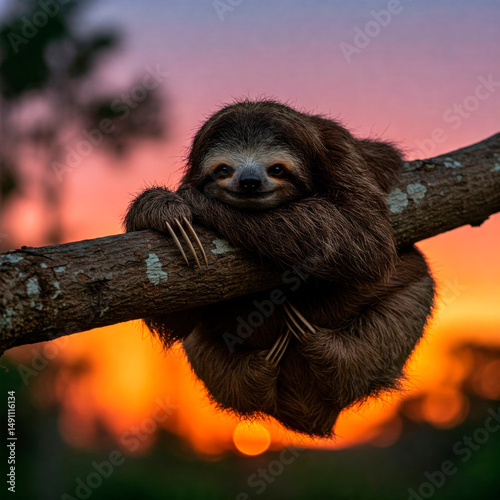 Sloth on a tree with a sunset in the jungle.