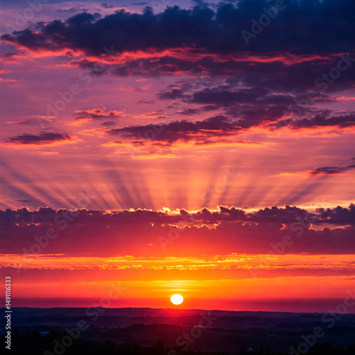 A bright sunset with rays of light breaking through the clouds.