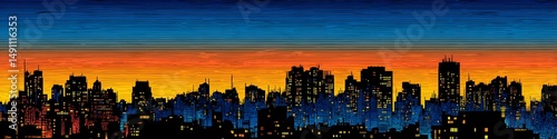 City Skyline at Dusk: A silhouetted cityscape stands against a vibrant twilight sky, the warm hues of sunset blending seamlessly with the cool tones of approaching night.