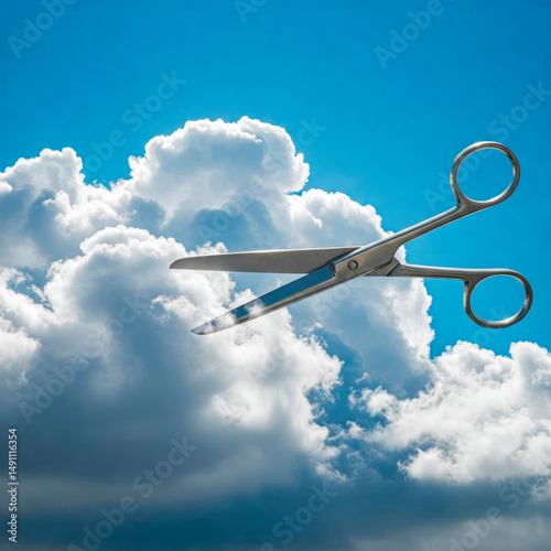 Scissors, as if cutting through clouds in the sky.