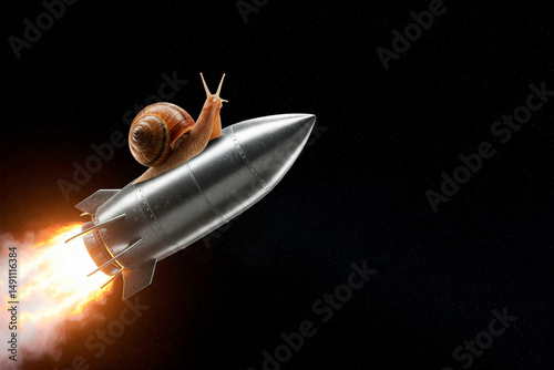 A snail flies in space riding a rocket. Space for text.