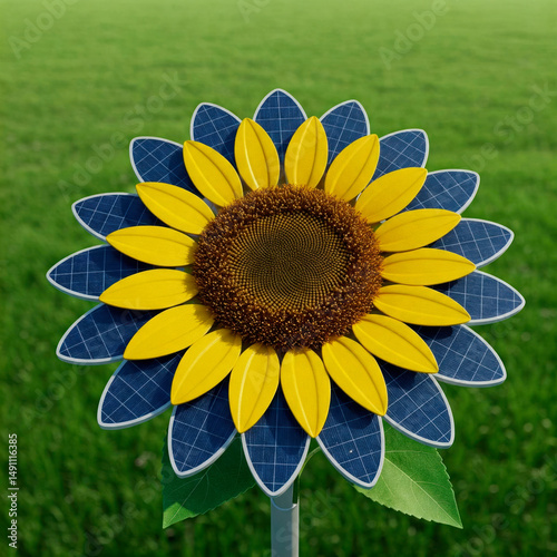 A hybrid of a sunflower and a solar panel on a green field.