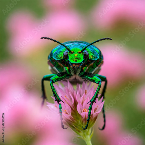 Beetle sitting on a flower on a blurred background.