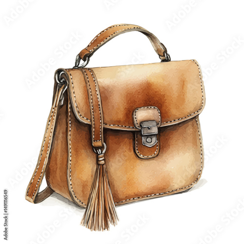Leather Crossbody Bag With A Tassel, watercolor drawing vector, high quality, isolated on a white background.