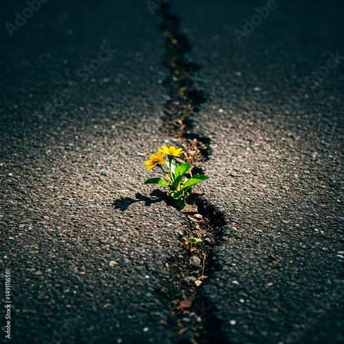 A yellow flower grows through the asphalt.