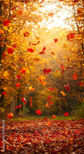 Golden Autumn: Falling Leaves, Sunlit Path
