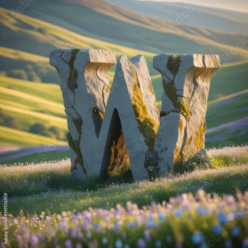 Stone letter W on a flowering field.