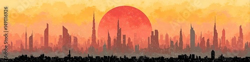 Urban Silhouette: A stylized illustration captures a city skyline, silhouetted against a vibrant sunset, evoking a sense of modern ambition and urban growth.