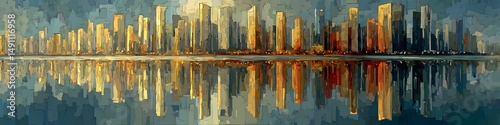 Cityscape Reflection: A stunning cityscape is mirrored in the calm waters below, with a dynamic range of colors that convey a serene atmosphere.