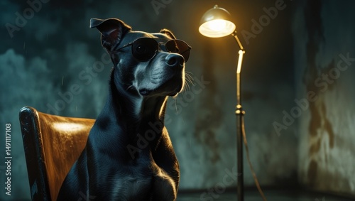 A black dog with glasses under a lamp in a dark room.