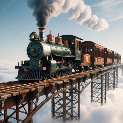 A steam locomotive is driving across a bridge in the clouds.