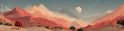 Dreamlike Mountain Range: A mesmerizing panorama of vibrant, layered mountains, bathed in ethereal light, with a full moon hanging in the distance.
