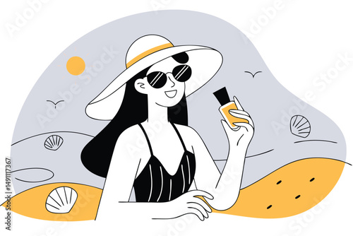 Young woman applying sunscreen at sunny beach, summer skincare routine, vector illustration