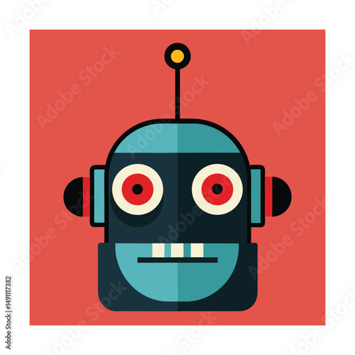 Retro robot head illustration with cartoonish design and red and teal color scheme