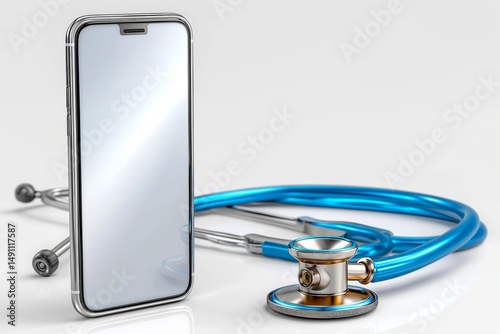 Smartphone and stethoscope side by side symbolizing telemedicine, digital healthcare innovation and mobile medical diagnostics in virtual care systems, Generative AI