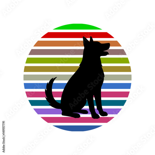 Dog sitting with tail wagging black silhouette with retro sunset