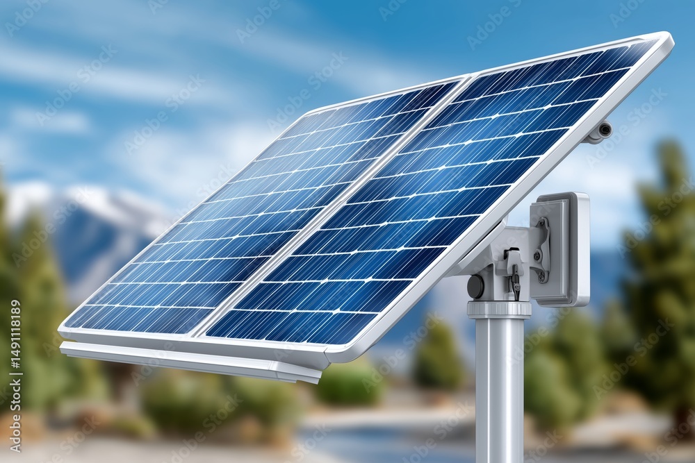 Obraz premium Autonomous solar panel system on metal pole in natural outdoor landscape representing off-grid renewable energy and clean power solutions, Generative AI