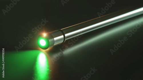 A sharp green laser beam emitting bright light, isolated against a deep black background for a sleek and high-tech appearance.
