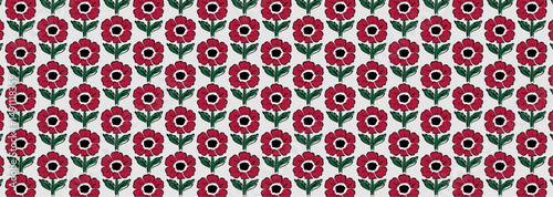 Seamless Red Flower Pattern. Hand-Drawn Floral Design on Light Background. 