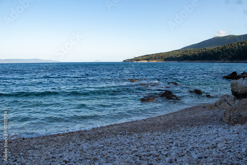 Fototapeta Naklejka Na Ścianę i Meble -  Landscape photo of the Istrian coast and Adriatic sea from a beach at sunset