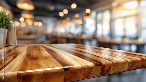 Close-up of a wooden cafe table with green decor and blurred cozy restaurant background suggesting relaxed atmosphere and modern dining, Generative AI