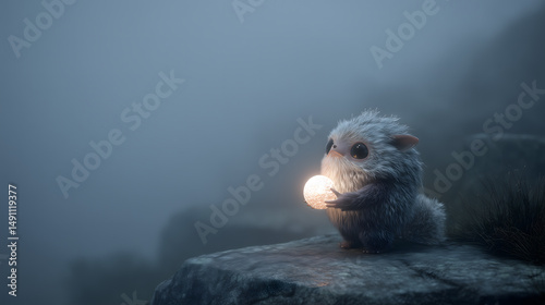 A fuzzy creature clutches a glowing sphere while sitting alone on a rock, surrounded by thick fog in a melancholic yet magical scene.