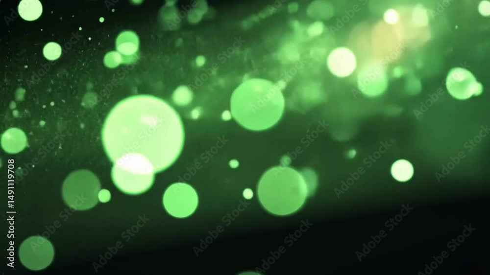 Abstract green bokeh background with glowing particles.